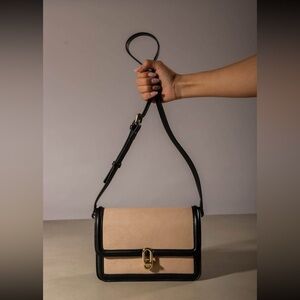 Jules Kae Mia Crossbody Bag Tan/Blush w/ Black Trim & Gold-Tone Hardware BNIP